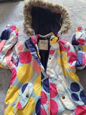 MINI BODEN GIRLS SKI COAT SIZE 7-8 REMOVABLE HOOD AND FUR TRIM EUC COLORFUL FUN